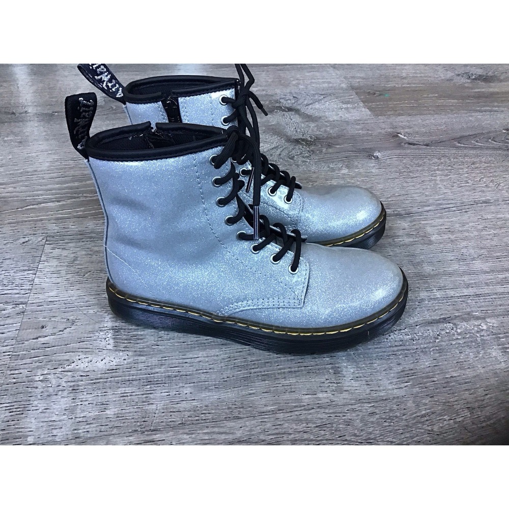 Dr. Martens Boots Womens Girls 3 Silver Glitter Zavala J Combat Boots Side Zip